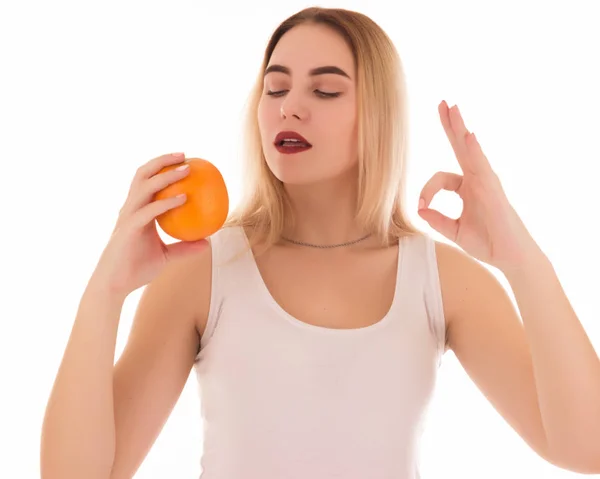 Schattig Meisje Met Sinaasappel Geïsoleerd — Stockfoto