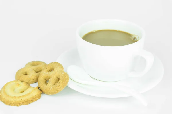 Kaffeetasse Und Bonbons Auf Weißem Hintergrund — Stockfoto