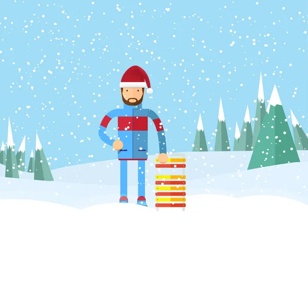 Um homem de chapéu de Pai Natal a segurar um trenó. paisagem plana inverno — Vetor de Stock