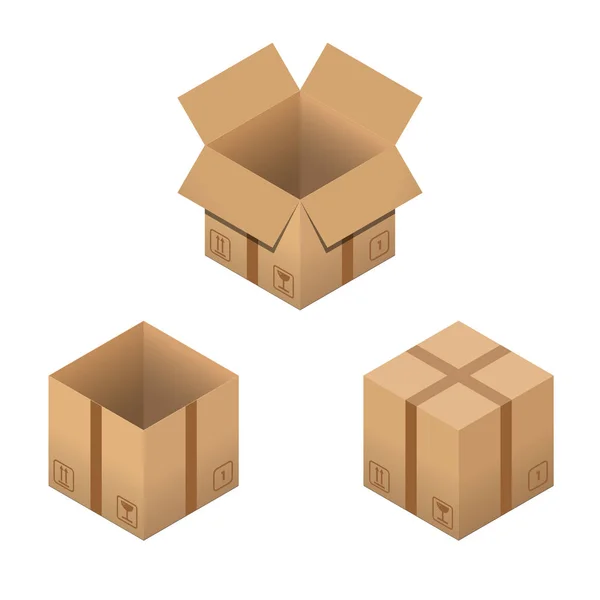 Conjunto de caixas de papelão isométricas isoladas em branco . — Vetor de Stock