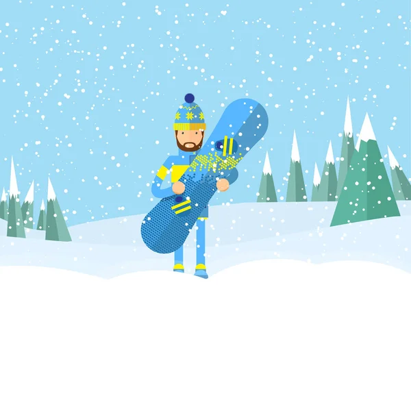 Illustrazione vettoriale dell'uomo che porta uno snowboard per mano e sventola con un'altra mano su montagne innevate e sullo sfondo di abeti. Argomento sport invernali . — Vettoriale Stock