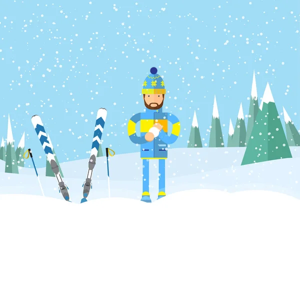 Jonge man met sneeuw bal in de hand, spelen in de sneeuw buiten. Vector illustration.ski resort — Stockvector