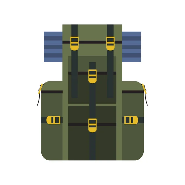 Vektorové ilustrace zelený cestovní batoh s turistickými mat. Turistický batoh. Zkoumání batoh izolovaných na bílém pozadí — Stockový vektor