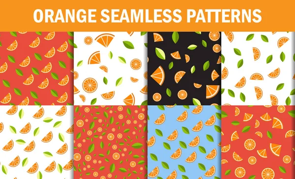 완벽 한 꽃 패턴을 설정합니다. 오렌지 과일 배경입니다. 꽃, 잎입니다. 벡터 평면 스타일 — 스톡 벡터