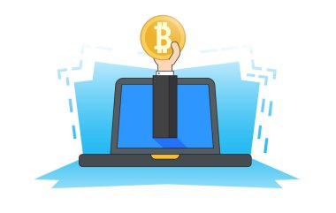 El dizüstü bilgisayarınızdan bir bitcoin para tutar. Kripto para birimi madencilik kavramı. Düz stil