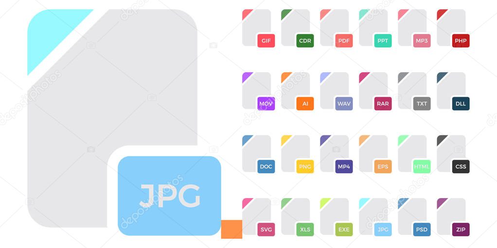 Flat colorful vector file format icons set isolated on white, document type flat icons. File format icons