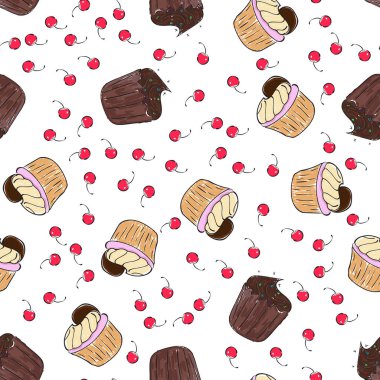 Cupcakes desen illüstrasyon. Pasta ile kesintisiz baskı ayarlayın. Vektör fırın arka plan. El çizmek stili