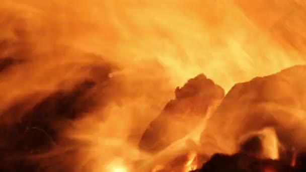 Coal into iron furnace burns with flame closeup — Stock Footage Coal into iron furnace burns with flame closeup Royalty Free Stock Video