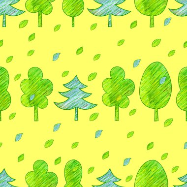 Beyaz arka planda çizgi film karalama ağaçları. Kusursuz desen. Renkli kalemler