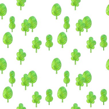 Çizgi film stilize edilmiş orman. Kusursuz desen. Renkli kalemler                   