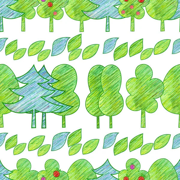 Cartoon Gartenbäume Auf Weißem Hintergrund Nahtloses Muster Buntstifte — Stockfoto