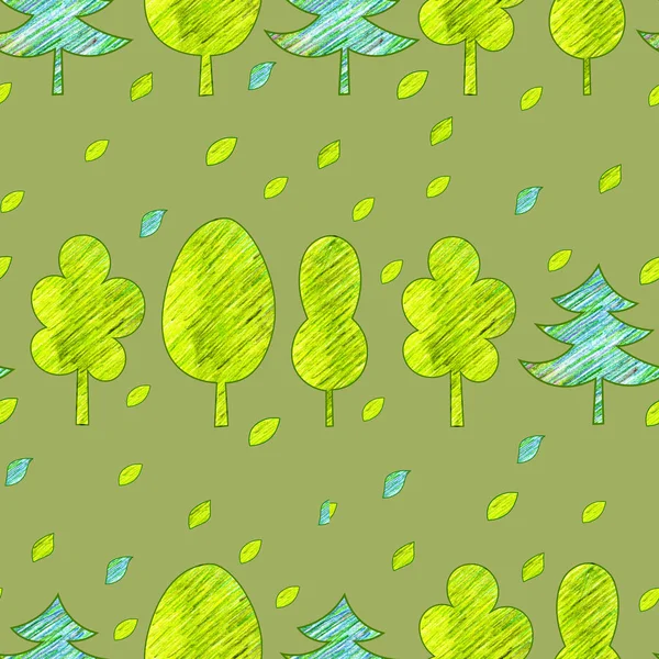 Cartoon Doodle Trees White Background Seamless Pattern Colored Pencils — Stock Photo, Image