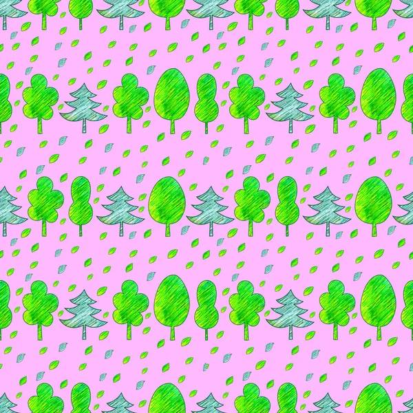 Cartoon doodle trees on a white background. Seamless pattern. Colored pencils