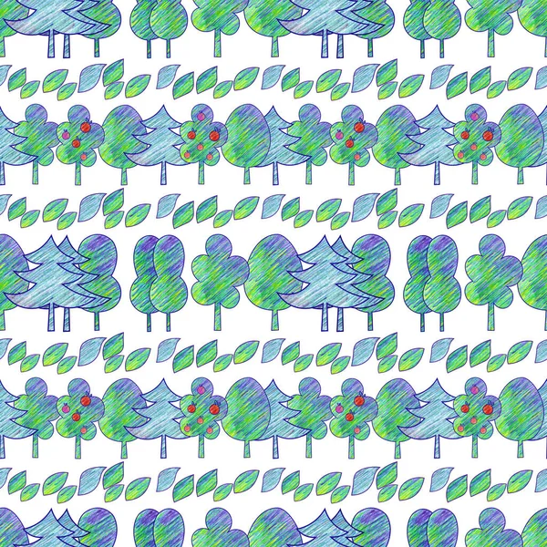 Cartoon Gartenbäume Auf Weißem Hintergrund Nahtloses Muster Buntstifte — Stockfoto
