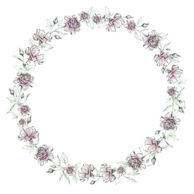 Yuvarlak, zarif güller. Kurşun kalemle el çizimi. Siyah ve beyaz. Model.