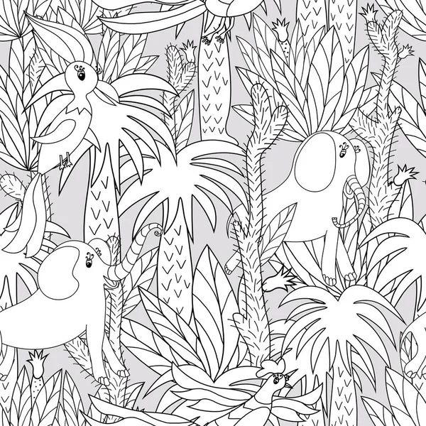Streszczenie Dżungli Słoniami Ptakami Palmami Kaktusami Płynny Wzór Rysunek Dłoni — Zdjęcie stockowe