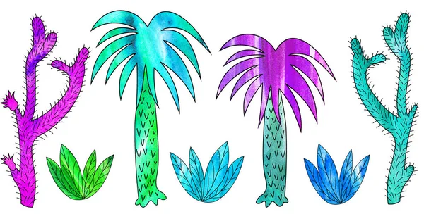 Conjunto Plantas Tropicais Palmeiras Arbustos Cactos Desenho Desenhos Animados Ícone — Fotografia de Stock