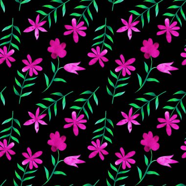 Çiçekler kusursuz desenli. Suluboya. El çizimi. Botanik bileşimi