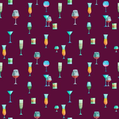 Renkli alkol şişelerinin şekillendirilmiş siluetleriyle kusursuz bir desen. Suluboya. 