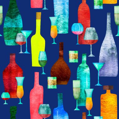 Renkli içki şişeleri ve şarap kadehlerinin şekillendirilmiş siluetleriyle kusursuz bir desen. Suluboya. 