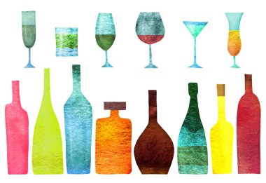 Renkli alkol ve bardaklardan oluşan bir siluet seti. Suluboya. İzole edilmiş