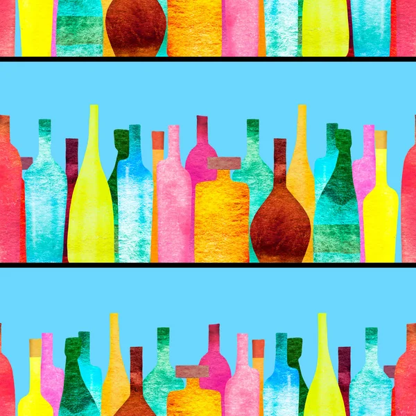 Бесшовный Рисунок Стилизованными Силуэтами Цветных Бутылок Алкоголя Акварель — стоковое фото