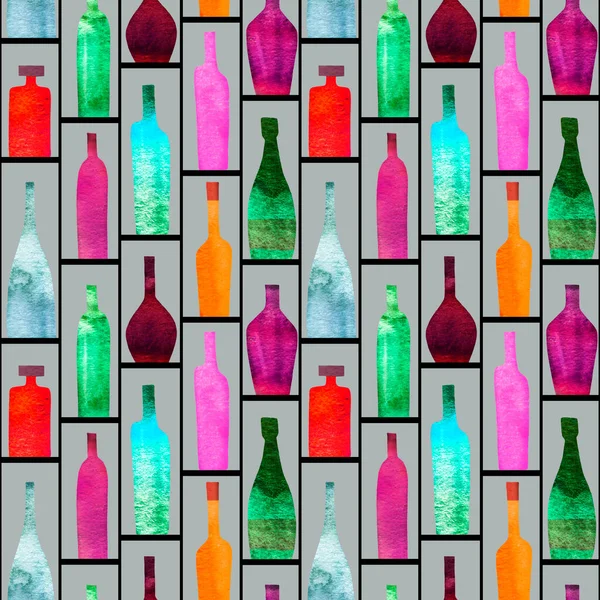 Modèle Sans Couture Avec Des Silhouettes Stylisées Bouteilles Alcool Colorées — Photo