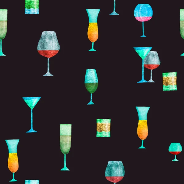 Seamless pattern with stylized silhouettes off wineglasses. Watercolor.