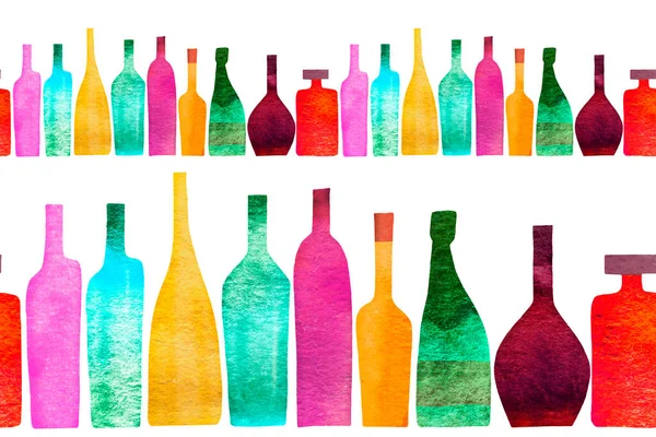 アルコールやガラスの色のボトルの様式化されたシルエットとシームレスなリボンの境界線 水彩画 — ストック写真