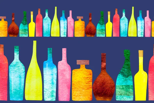 Nahtlose Bandeinfassung Mit Stilisierten Silhouetten Farbiger Alkoholflaschen Und Gläser Aquarell — Stockfoto