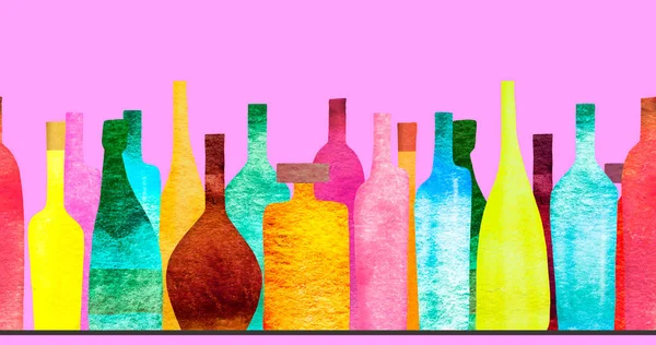 Nahtlose Bandeinfassung Mit Stilisierten Silhouetten Farbiger Alkoholflaschen Und Gläser Aquarell — Stockfoto