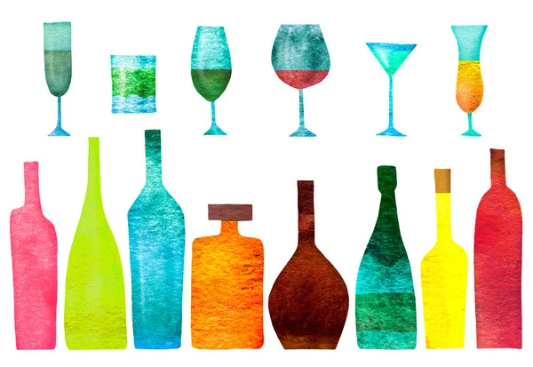 Ensemble Silhouettes Stylisées Bouteilles Colorées Alcool Verres Aquarelle Isolé — Photo