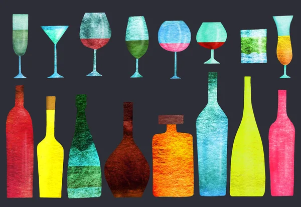 Stilisierte Silhouetten Farbiger Alkoholflaschen Und Gläser Aquarell Isoliert — Stockfoto