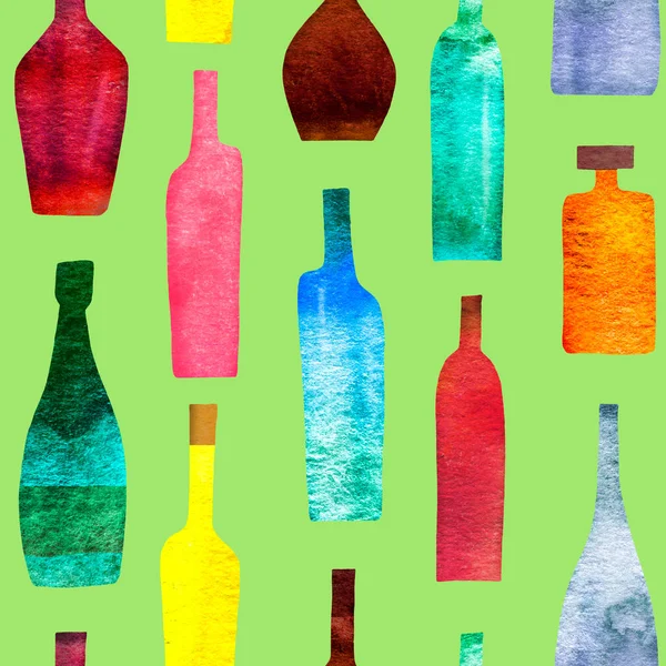 アルコールの色のボトルの様式化されたシルエットとシームレスなパターン 水彩画 ストック画像
