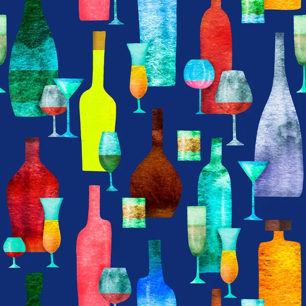 アルコールやワイングラスの色のボトルの様式化されたシルエットとシームレスなパターン 水彩画 ストック写真