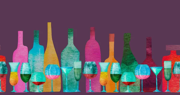 アルコールやガラスの色のボトルの様式化されたシルエットとシームレスなリボンの境界線 水彩画 — ストック写真