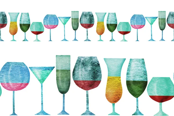 Seamless ribbon border with stylized silhouettes of colored wine glasses. Watercolor.