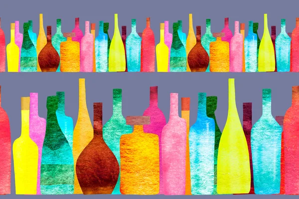 Seamless Pattern Stylized Silhouettes Colored Bottles Alcohol Glasses Watercolor — Stock Photo, Image