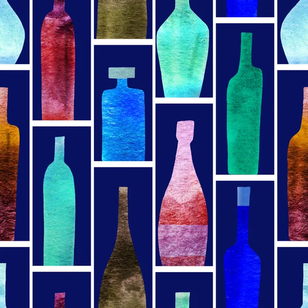 アルコールやガラスの色のボトルの様式化されたシルエットとシームレスなパターン 水彩画 ストック写真