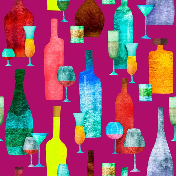 アルコールやガラスの色のボトルの様式化されたシルエットとシームレスなパターン 水彩画 ストックフォト
