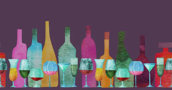 アルコールやガラスの色のボトルの様式化されたシルエットとシームレスなリボンの境界線 水彩画 ロイヤリティフリーのストック画像