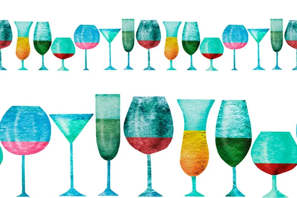 色のワイングラスの様式化されたシルエットとシームレスなリボンの境界 水彩画 ロイヤリティフリーのストック写真