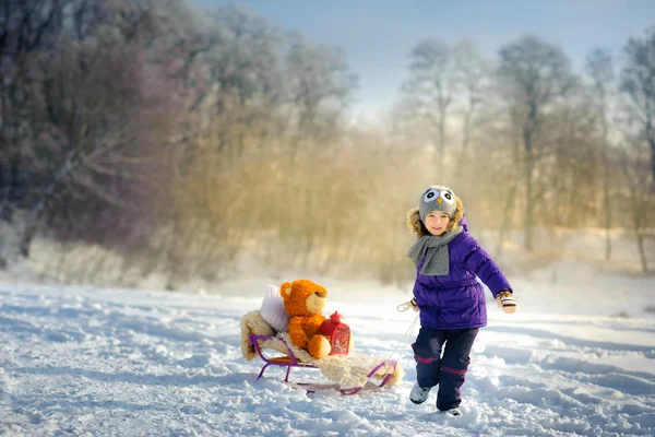 Girl rides the sledge in the wood — Stock fotografie