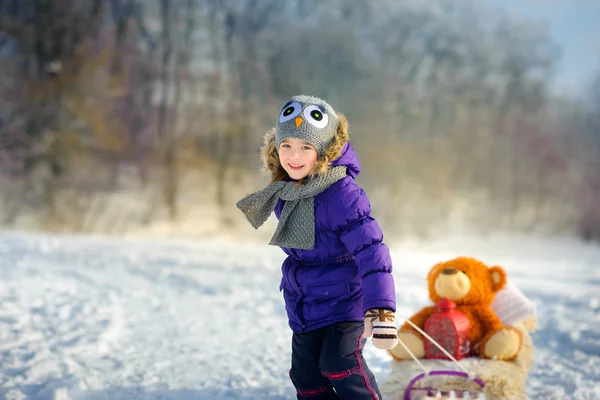 Girl rides the sledge — Stock fotografie