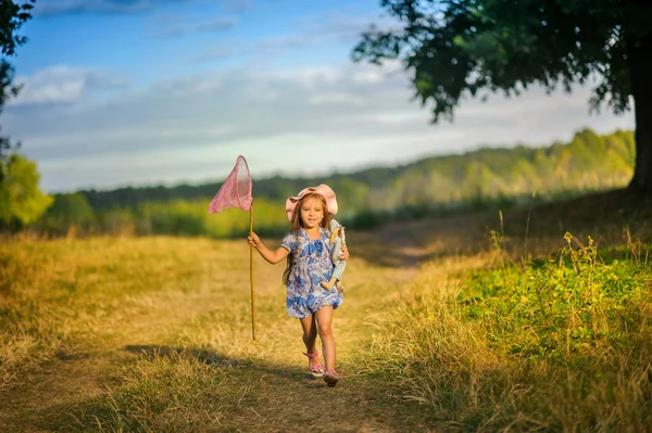 Meisje met een net vangt vlinders — Stockfoto