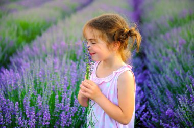 Buket lavanta dolu bir alanda toplama komik örgüler ile kız