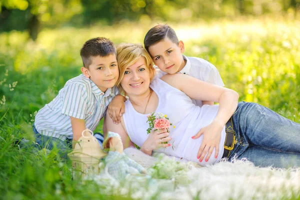 Big Happy Family Walking Beautiful Park Sunset Lie Grass Hugging — Stock Photo, Image