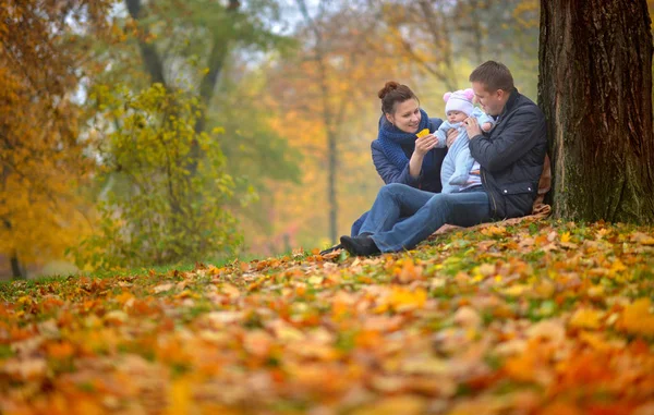 快乐的家庭漫步在秋天的公园里 父亲手里抱着孩子 Fallen 的叶子 — 图库照片