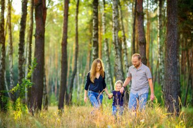 mutlu aile güzel bir akşam parkta yürüyüş, el ele tutuşarak ve gülümseyen