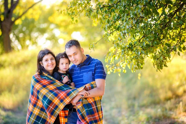 Happy Family Walking Autumn Park Sunset Hiding Padded Hug Smiling — Stock Photo, Image